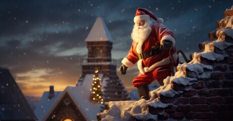 Santa Claus in action, descending a chimney under warm side light. - obrazy, fototapety, plakaty