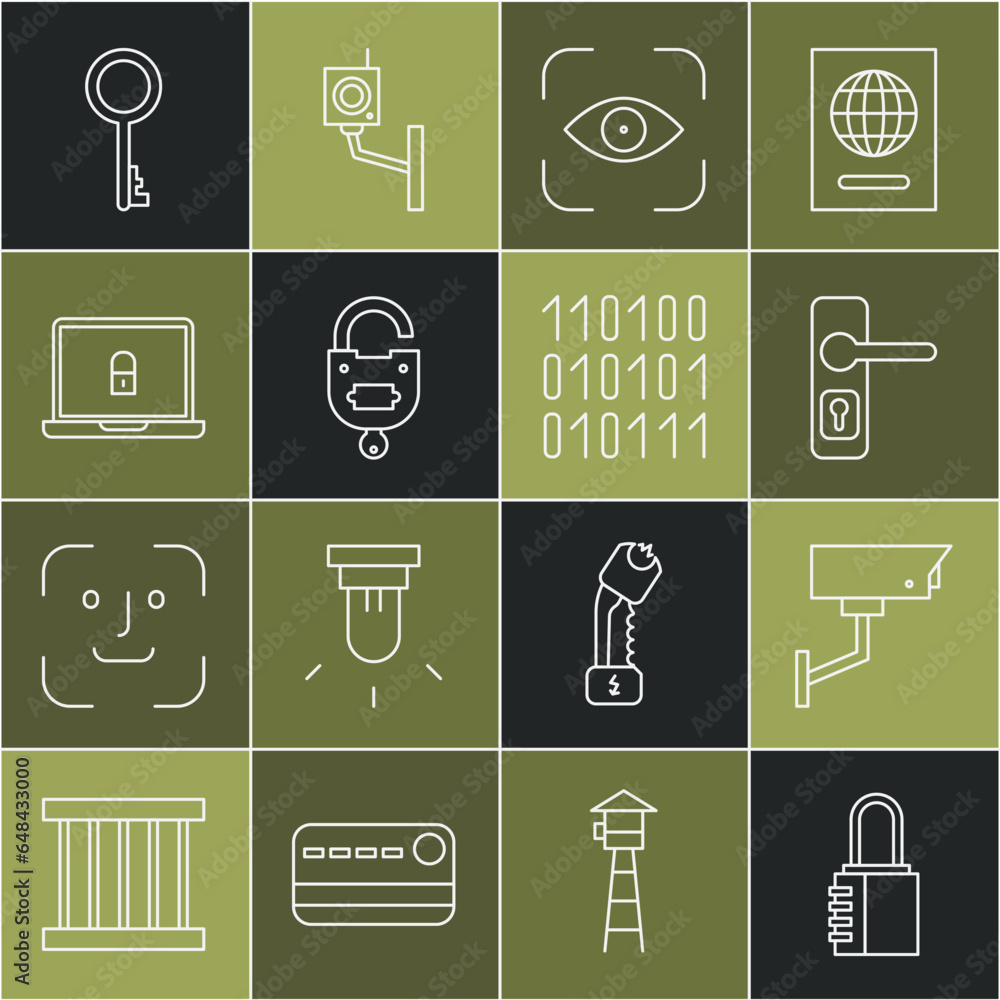 Poster set line safe combination lock, security camera, door handle, eye scan, lock key, laptop, old and bi
