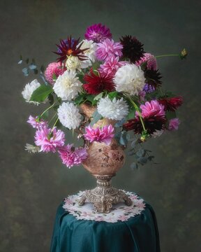 Still life with bouquet of dahlia flowers