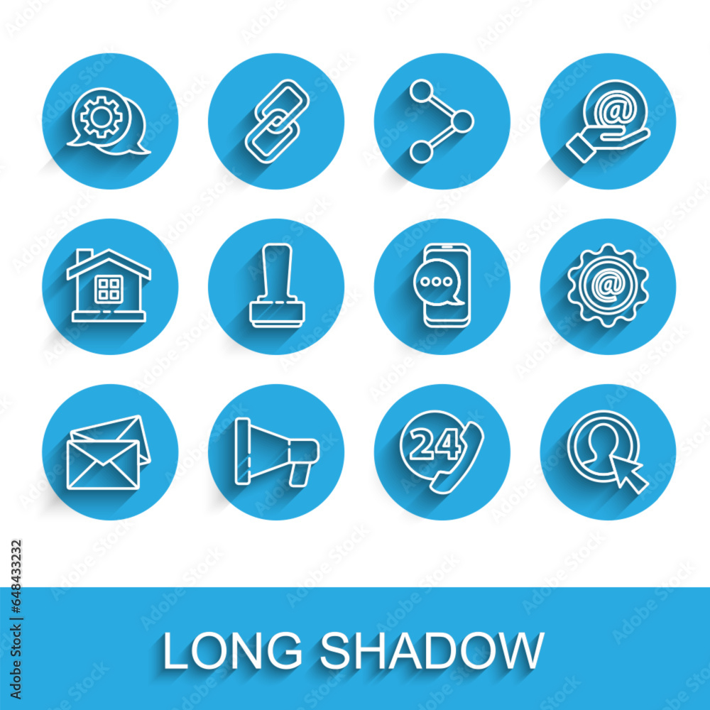 Poster set line envelope, megaphone, speech bubble chat, telephone 24 hours support, create account screen,