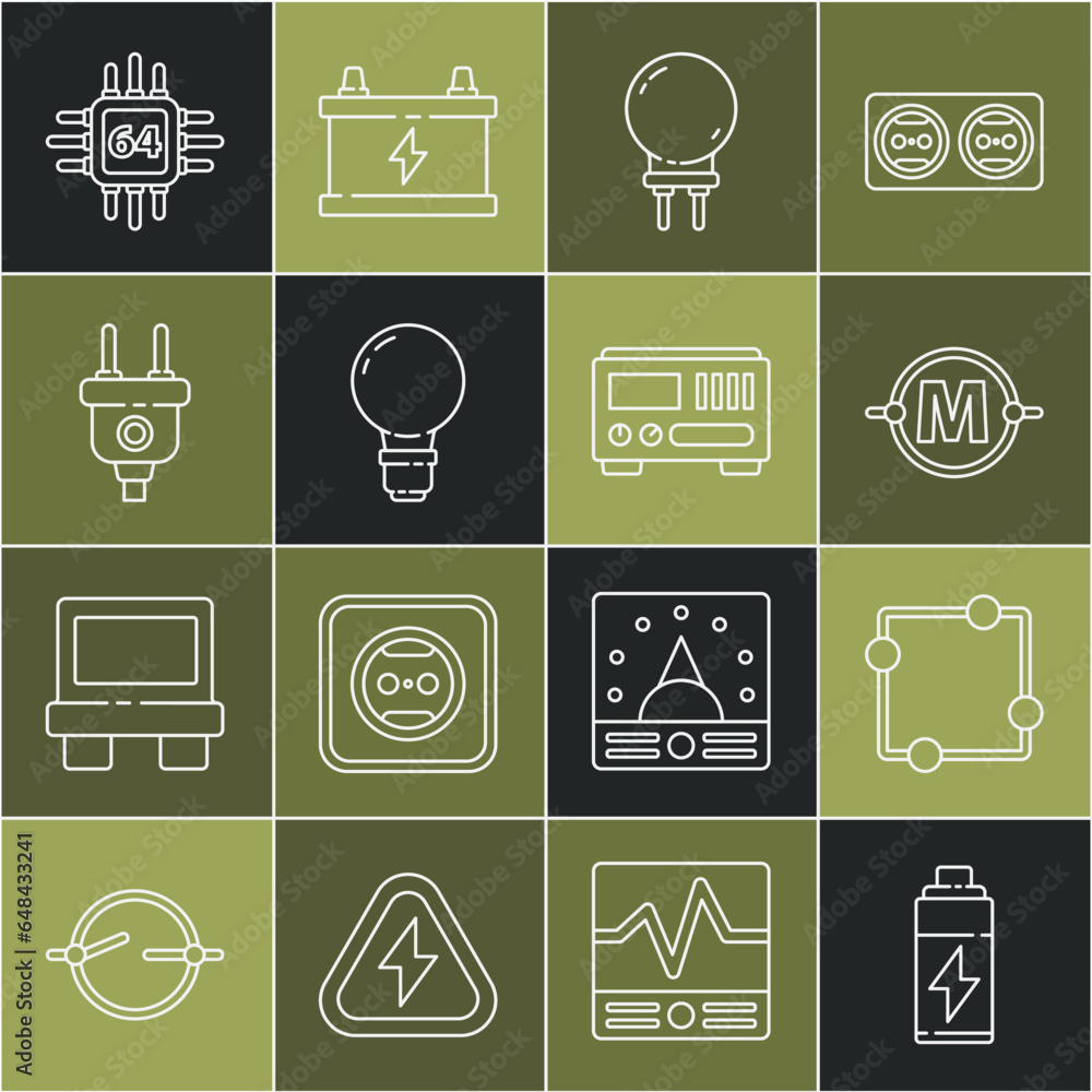 Poster set line battery, electric circuit scheme, light emitting diode, bulb with concept of idea, plug, pr
