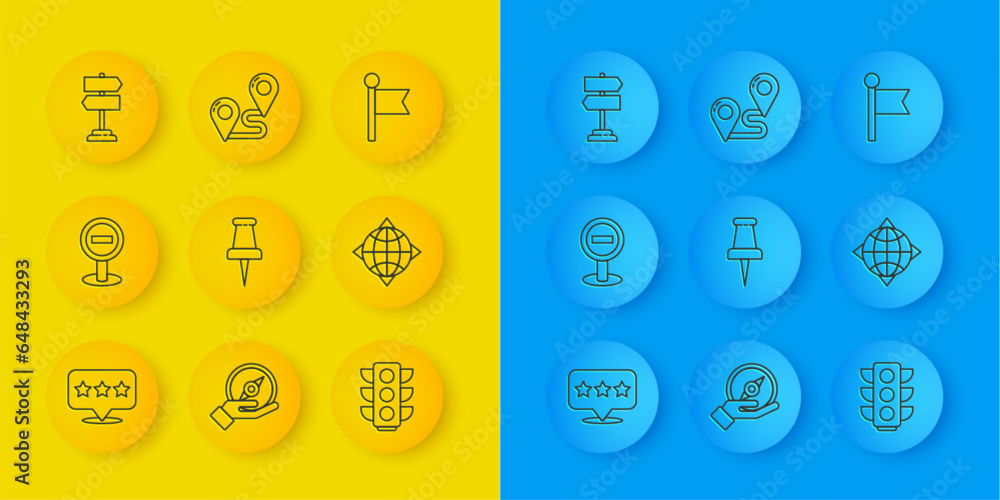 Poster set line map pointer with star, stop sign, push pin, traffic light, world globe compass, road traffi