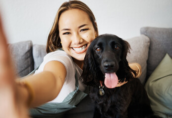 Selfie, love and woman with dog on home sofa to relax and play with animal. Pet owner, care and asian person influencer with companion, smile and friendship or social media profile picture and memory