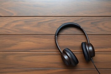 headphone on wooden background, call center desktop top view