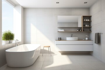 Fototapeta na wymiar Empty white modern bathroom waiting for decoration. Generative AI