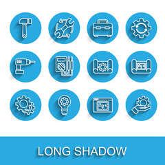 Set line Gear, Light bulb and gear, Hammer, House plan, Settings in the hand, Multimeter, and Graphing paper icon. Vector