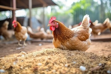 Fototapeta premium chicken eats feed and grain, eco chicken farm