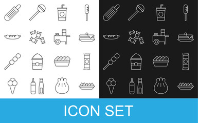 Set line Nachos in plate, Chocolate bar, Stack of pancakes, Paper glass with straw, Candy, Hotdog sandwich, French hot and Fast street food cart icon. Vector