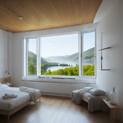 Experience the serene beauty of a minimalist bedroom, with a breathtaking view of a tranquil lake and the warm morning sunlight pouring in through a floor-to-ceiling window
