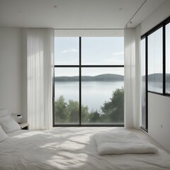 Experience the serene beauty of a minimalist bedroom, with a breathtaking view of a tranquil lake and the warm morning sunlight pouring in through a floor-to-ceiling window