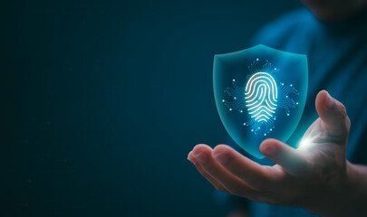 Protection and encryption of fingerprint data with network technology for security. To protect against crimes, hackers, and everyday online attacks, technology, and data security. authentication - obrazy, fototapety, plakaty