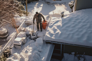 Aerial View of a Man Shoveling Snow From a House Roof Top After Snowstorm, aesthetic look