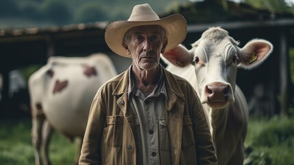 Mature male farmer smiles proudly into camera at his work on a rural farm with cows.