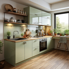 Cream and green kitchen cabinet modern urban 

