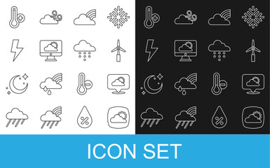 Set line Weather forecast, Location cloud, Wind turbine, Rainbow with clouds, Lightning bolt, Meteorology thermometer and Cloud rain icon. Vector
