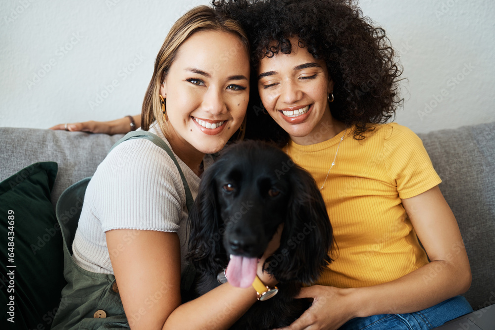 Poster Dog, portrait or happy lesbian couple in home to relax together in healthy relationship or love connection. Lgbtq, pet care or proud gay women smile with an animal to hug or bond on living room sofa