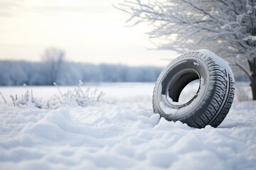 An isolated tire amidst snowy winter scenery. Generative AI