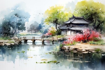Colorful traditional landscape painting featuring Chinese ink brushwork. Generative AI