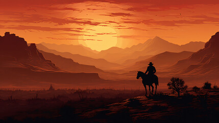 Fototapeta na wymiar Western landscape with silhouette of a lonely cowboy
