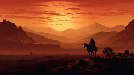 Muurstickers Western landscape with silhouette of a lonely cowboy © Rimsha