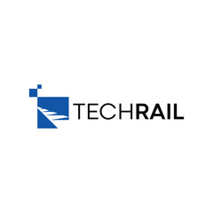 Technology logo with abstract rail design graphics and pixel symbols for brand identity