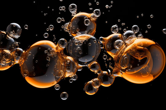 Abstract fresh soda bubble groups, High-quality stock image liquid water bubbles, carbonate drink, oil shape, beer fizzing, splashing and floating drop in black background for represent sparkling