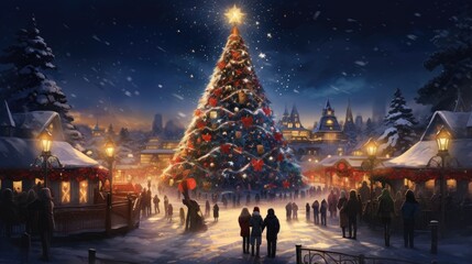 Christmas tree on winter with people