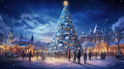 Fototapeta na wymiar Christmas tree on winter with people