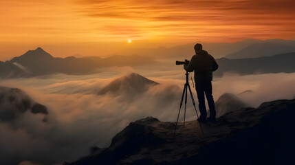 山頂で日の出を撮影するカメラマン - obrazy, fototapety, plakaty