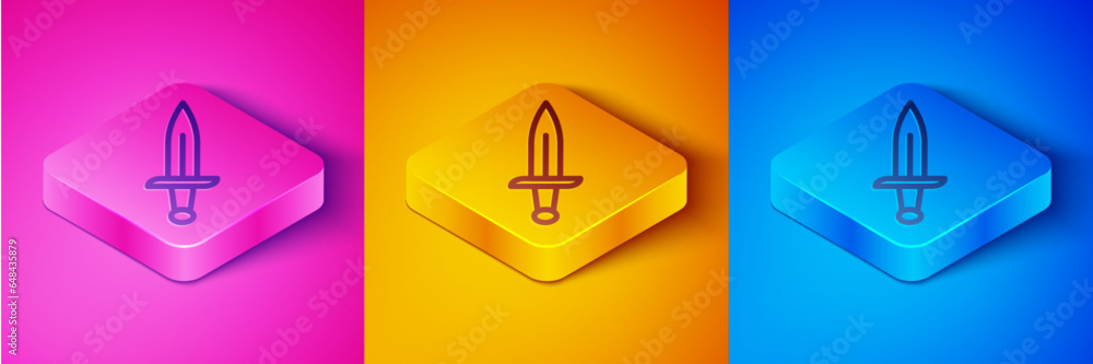 Poster isometric line dagger icon isolated on pink and orange, blue background. knife icon. sword with shar