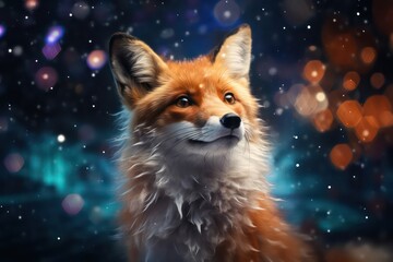 Red fox on a background of blue bokeh. christmas or New Year card.