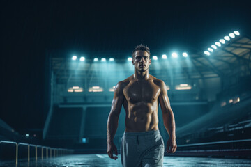 Fototapeta na wymiar A young muscular Caucasian male walking in the rain at night in front of a stadium with stadium floodlights spotlights towards the competition, aesthetic look