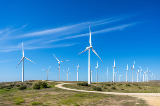 A wide-angle view of a massive wind farm, depicting rows of wind turbines against the backdrop of a clear blue sky, symbolizing clean energy production, aesthetic look