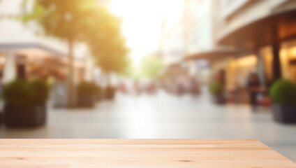 Empty wood table top on blur abstract of street shopping mall outdoor background, for montage product display