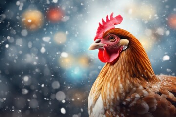 Chicken or rooster on a background of a bokeh christmas winter landscape with snowflakes - obrazy, fototapety, plakaty