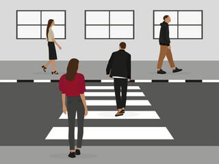 Female characters and male characters on the sidewalk and crosswalk