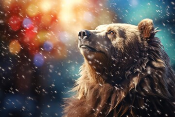 A brown bear on a bokeh background of Christmas lights, snowflakes or new year fireworks - obrazy, fototapety, plakaty