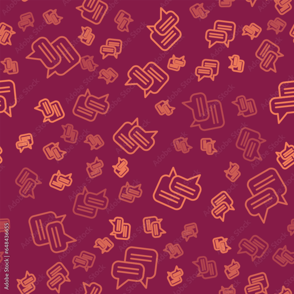 Poster brown line speech bubble chat icon isolated seamless pattern on red background. message icon. commun