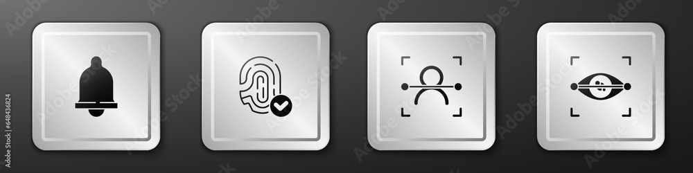 Poster set motion sensor, fingerprint, face recognition and eye scan icon. silver square button. vector