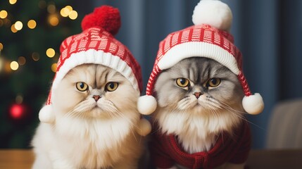Couple of cats wearing christmas hats
