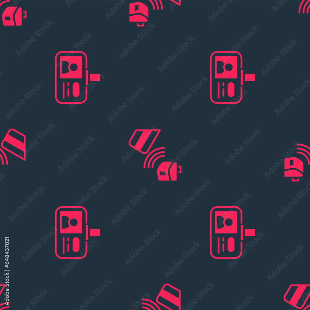 Poster set identification badge and pos terminal with credit card on seamless pattern. vector