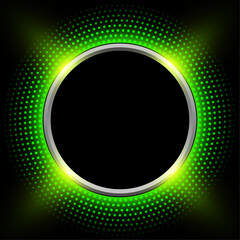 Shiny button with green halftone, dots pattern around on black background.