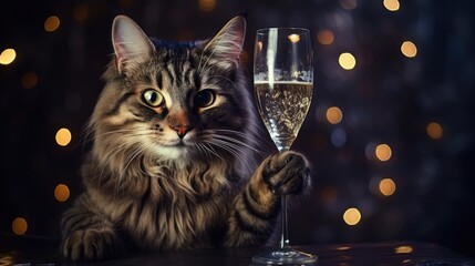 Cat toasting with glass of champagne - obrazy, fototapety, plakaty