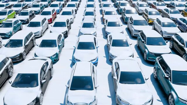 Snow covering multiple unsold cars and vehicles as they await a new buyer on a dealership's lot.