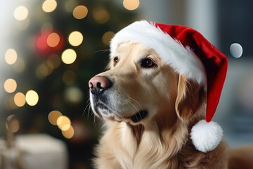Cute Christmas canine: golden retriever and Santa hat