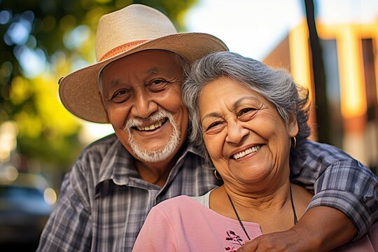 A Senior Hispanic Couple Cherishes The Outdoors, Radiating Their Deep Love, Offering A Glimpse Into The Fulfilling Retirement Of Latin American Immigrants.
2