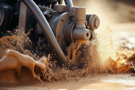 Close-up power pump pouring sludge water with sand on ground. Sand-wash, coast-deepening, sewage maintenance, environment pollution. Generative AI