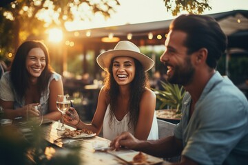 A circle of friends shares laughter and relishes a summertime dinner at an open-air restaurant.
 - obrazy, fototapety, plakaty