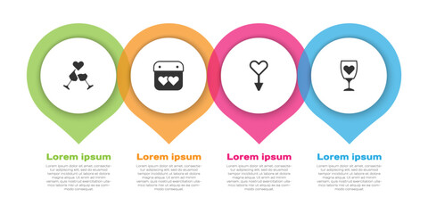 Set Glass of champagne, Calendar with heart, Female gender symbol and . Business infographic template. Vector