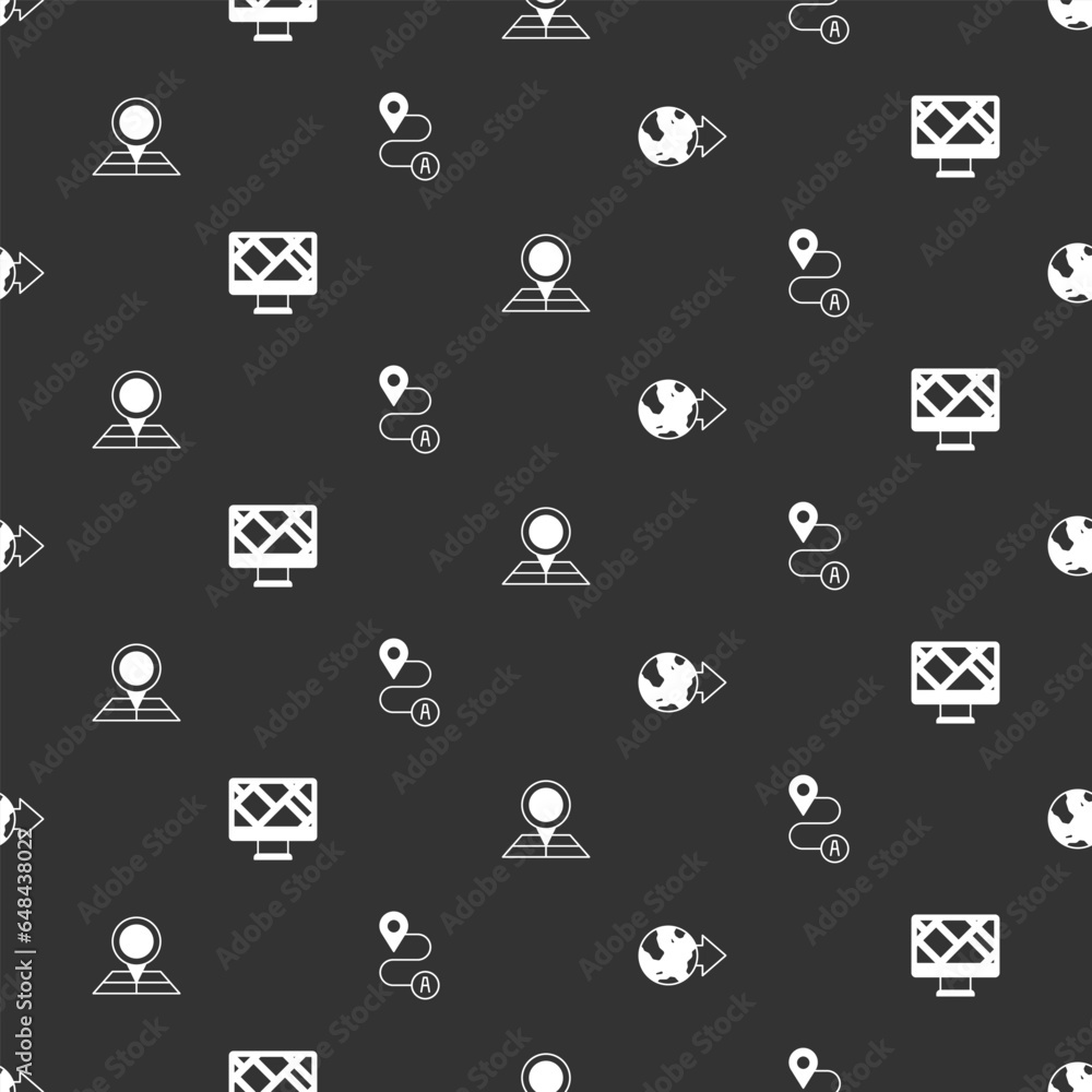 Poster set location on the globe, monitor with map location, folded marker and route on seamless pattern. v